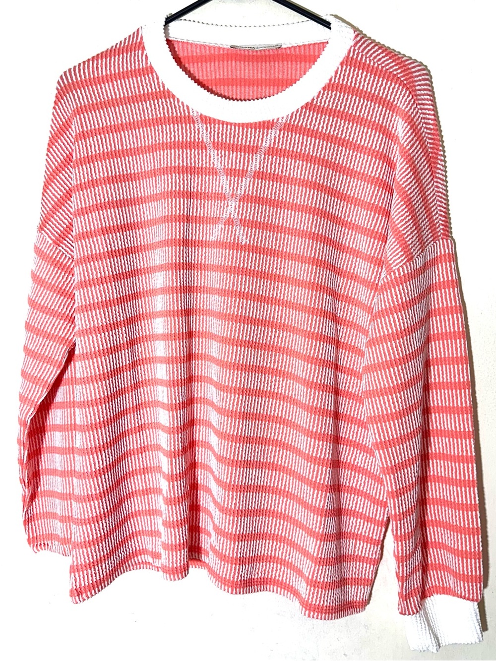 Zenana Raised Rib Striped Pullover & Wide Leg Pants Set Women’s Coral - Picture 3 of 9